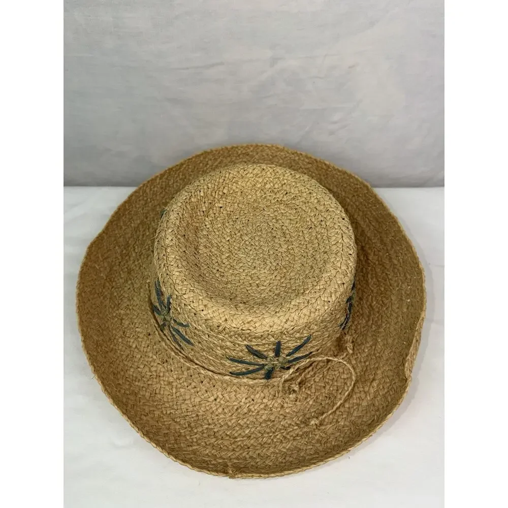Vintage Natural Straw Sun Hat Wide Brim Floral Raffia Beach Boho Cottagecore - Picture 7 of 9